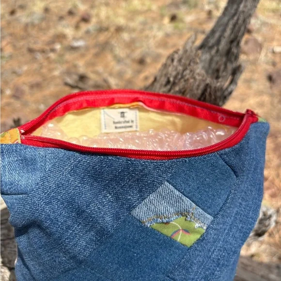 Hand Crafted Red and Pink Cosmetic Bag with Unique Patchwork Design - Picture 7 of 9